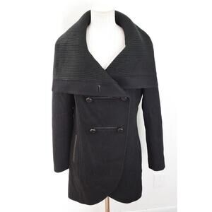 Mackage Coat Womens Medium Wool Blend Double Breasted Collar Black Lether Button
